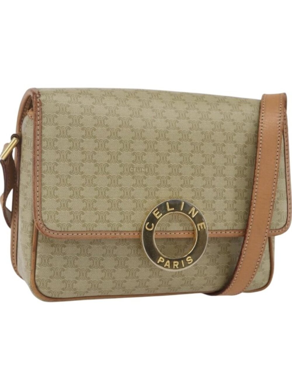 CELINE Macadam Canvas Circle Shoulder Bag PVC Beige Gold